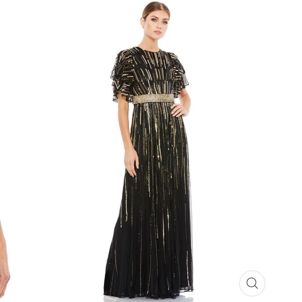 NWT Mac Duggal EMBELLISHED FULL LENGTH LAYERED SLEEVE GOWN Black and Gold 8